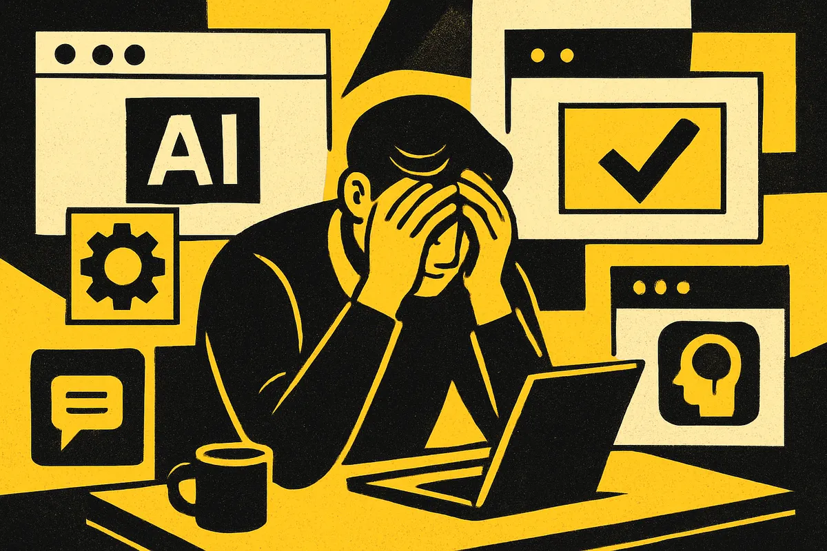 Marketer overwhelmed by AI tools - brain fry burnout illustration